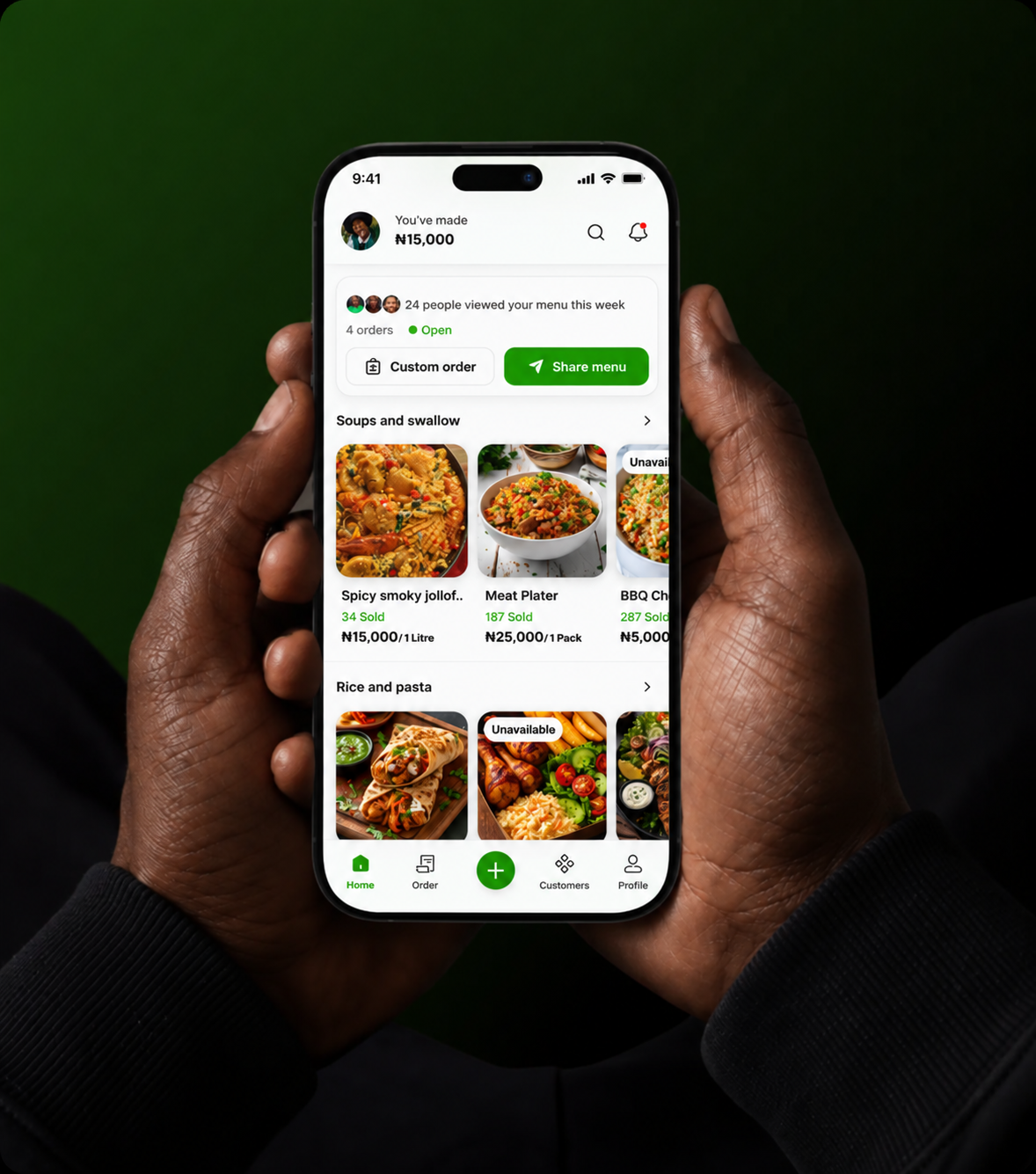 Getameal menu and order dashboard displayed on a phone